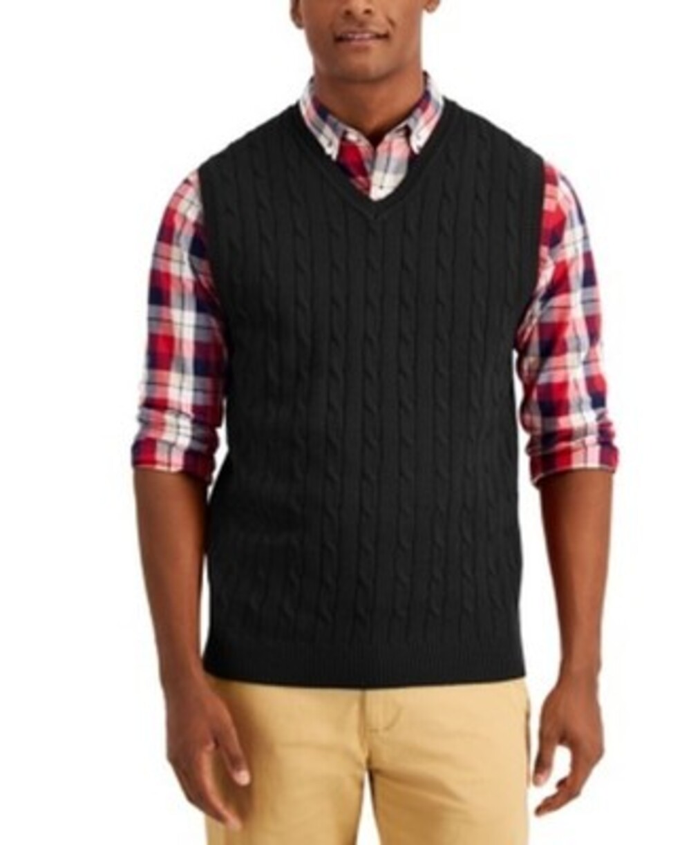 Club Room Cable-Knit Sweater Vest Men's Small Black V-Neck Sleeveless Pullover